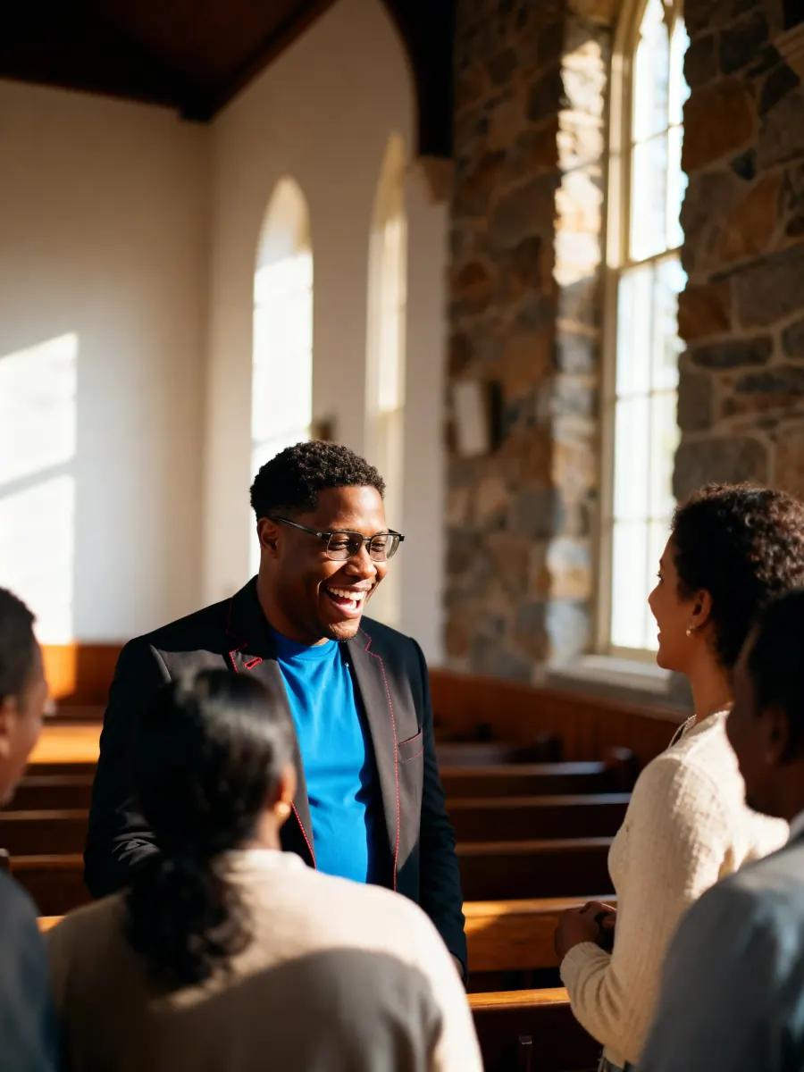 Pasteur souriant entouré de membres de sa congrégation dans une église baignée de soleil