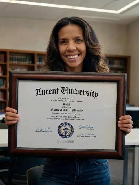 Diplômée de Lucent University présentant son diplôme Associate of Arts