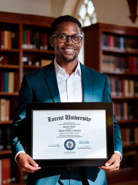 Lucent University graduate holding a Bachelor of Arts diploma