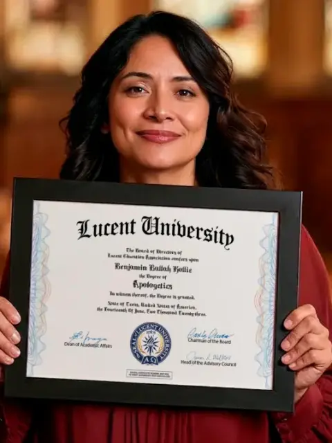 Estudiante sosteniendo el certificado gratuito en Apologética de Lucent University