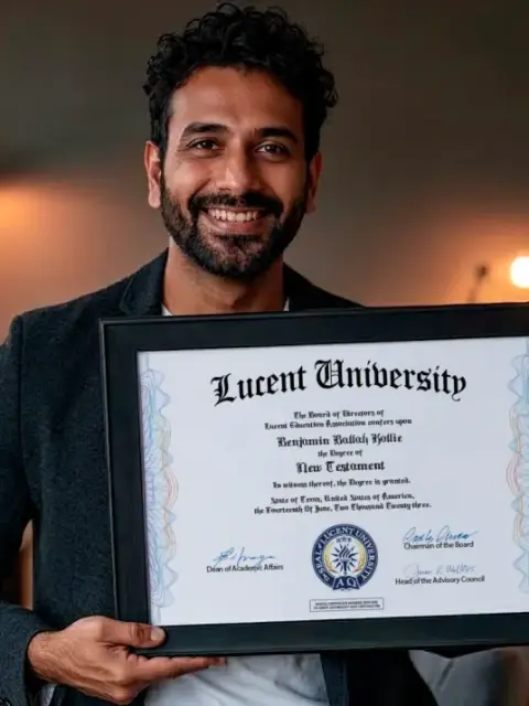 Estudiante sosteniendo el certificado gratuito en Nuevo Testamento de Lucent University