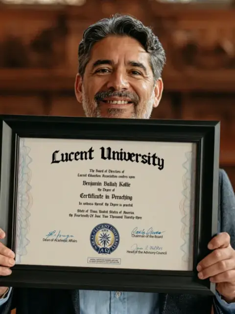 Student holding a free Lucent University certificate in Preaching