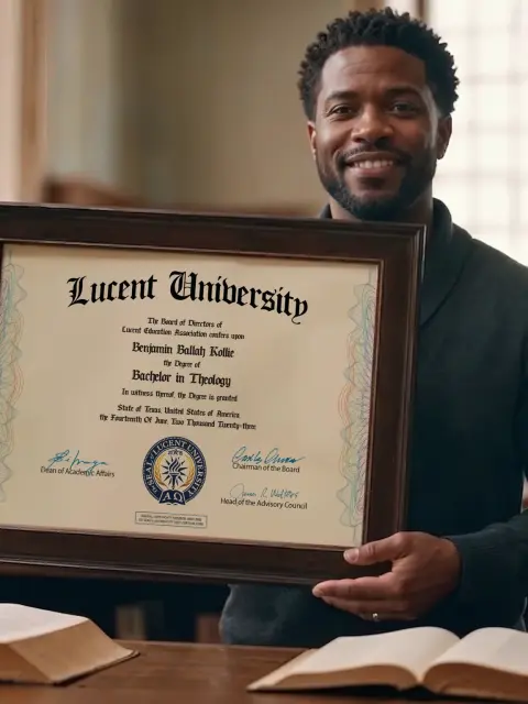 Lucent University graduate holding a Master of Arts in Theology diploma