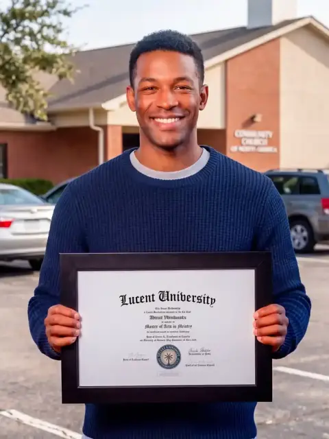 Étudiant de Lucent University tenant son certificat officiel en plein air