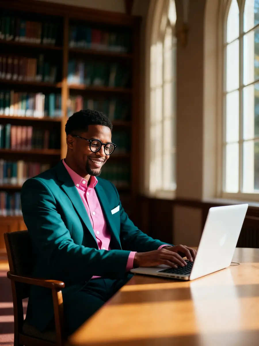 Estudiante sonriente tomando una clase online de ministerio en su portátil, en una biblioteca iluminada por el sol