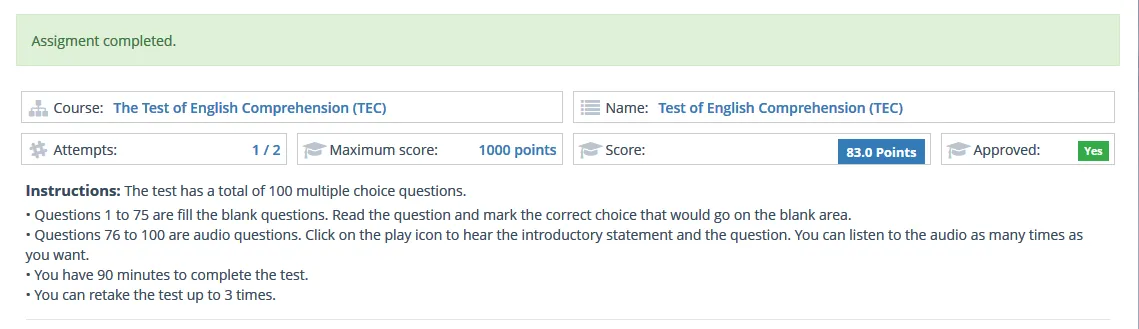 Test of English Comprehension results panel with the attempts, score, approval status and test instructions