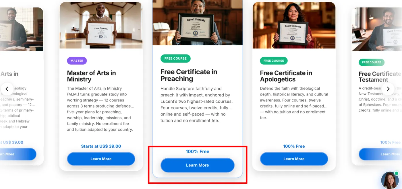 Lucent University program cards on the main page, with the Learn More button for the Free Certificate in Preaching highlighted