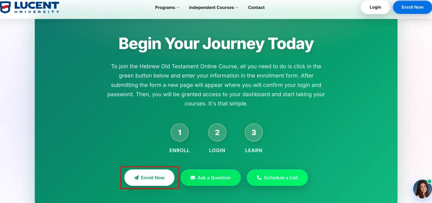 Begin Your Journey Today section of a Lucent course page with the Enroll Now button highlighted
