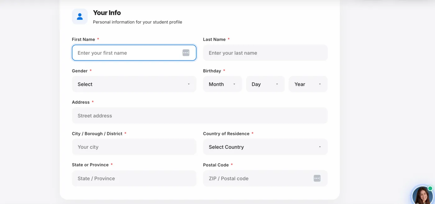 Your Info step of the Lucent University enrollment form with name, gender, birthday, address and country fields
