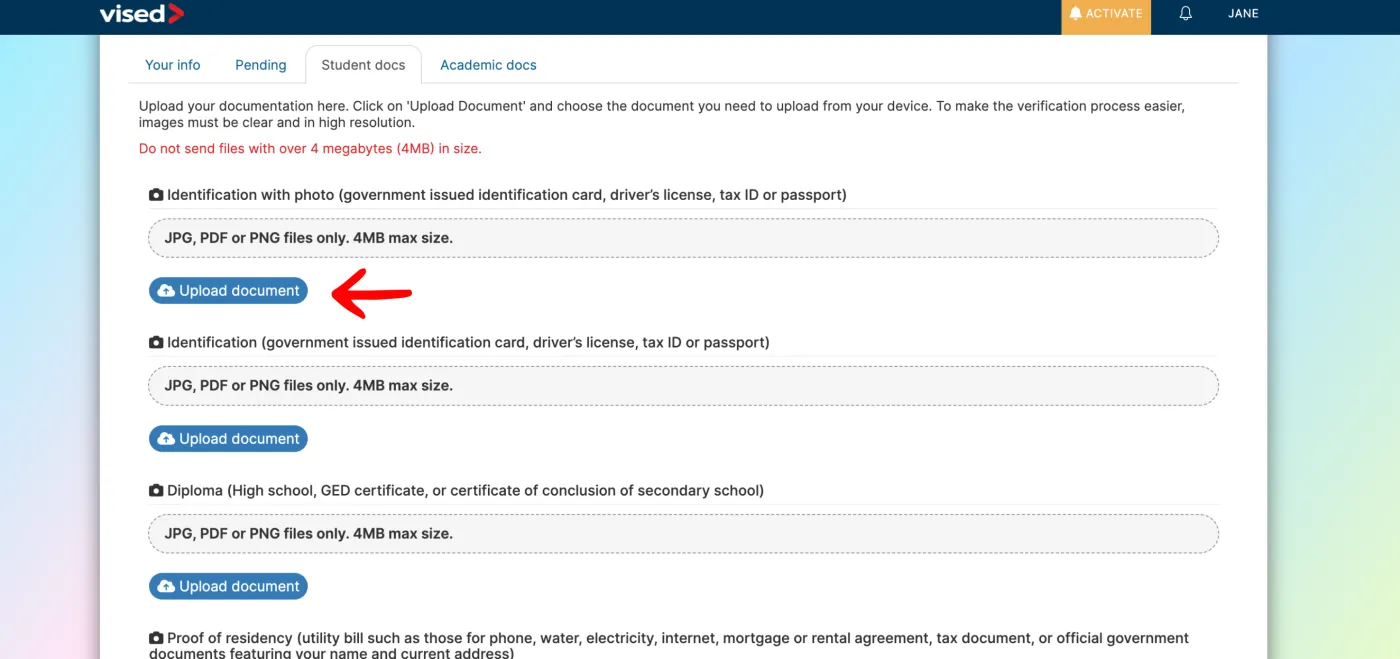 Student docs tab of the learning dashboard with Upload document buttons for photo ID, ID, diploma and proof of residency