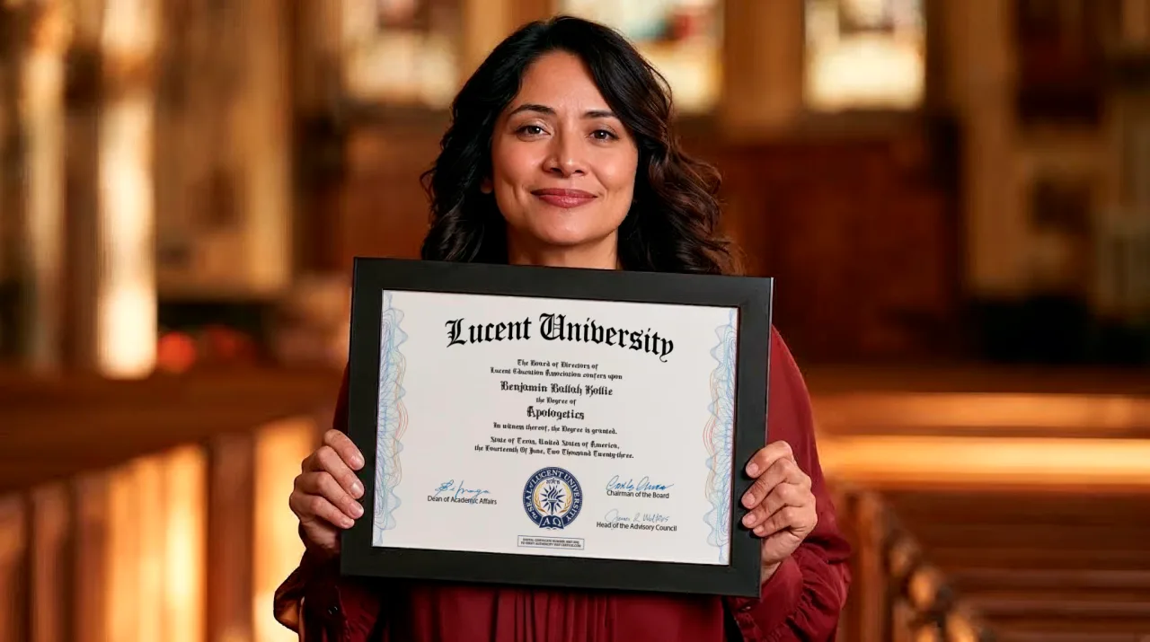 Graduate holding a Lucent University certificate after completing the Free Certificate in Apologetics online