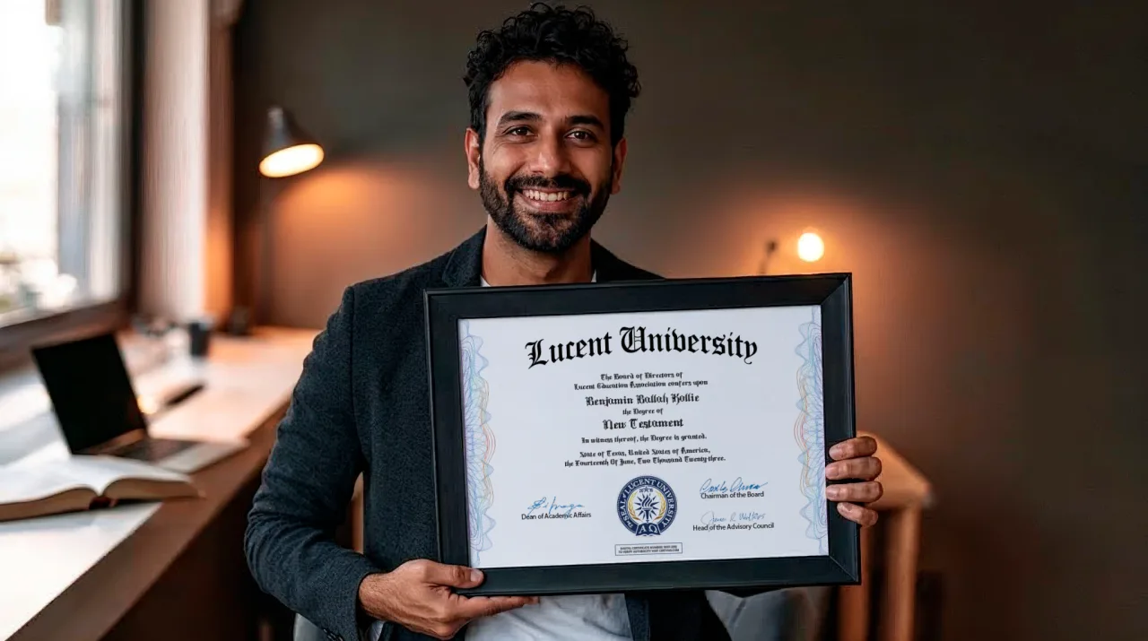 Graduate holding a Lucent University certificate after completing the Free Certificate in New Testament online