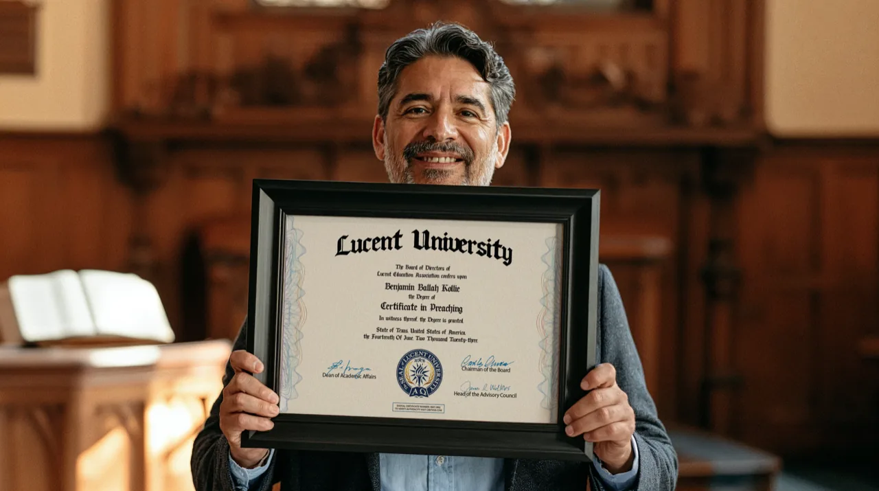 Pastor holding a Lucent University certificate after completing the Free Certificate in Preaching online
